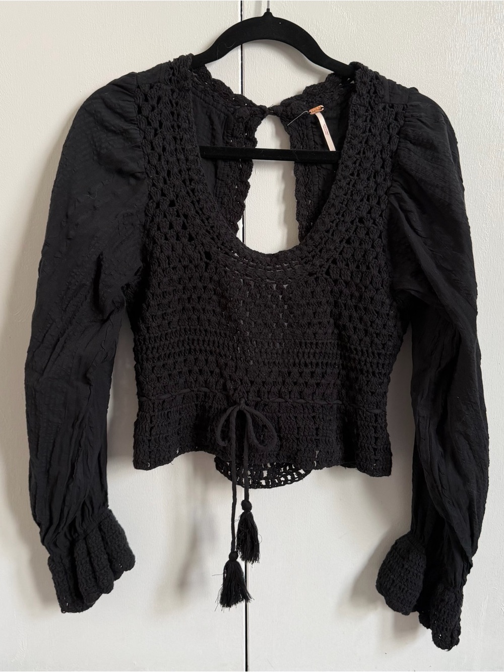 Free People Open Back Boho Long Sleeve Crochet Knit Beachy Blouse Size Small